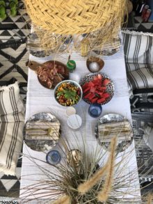 Camping Geschirr Tipps Tisch von oben fotografiert mit Tellern und Essen